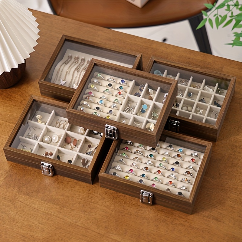 Vintage Wooden Jewelry Organizer Box with Glass Lid